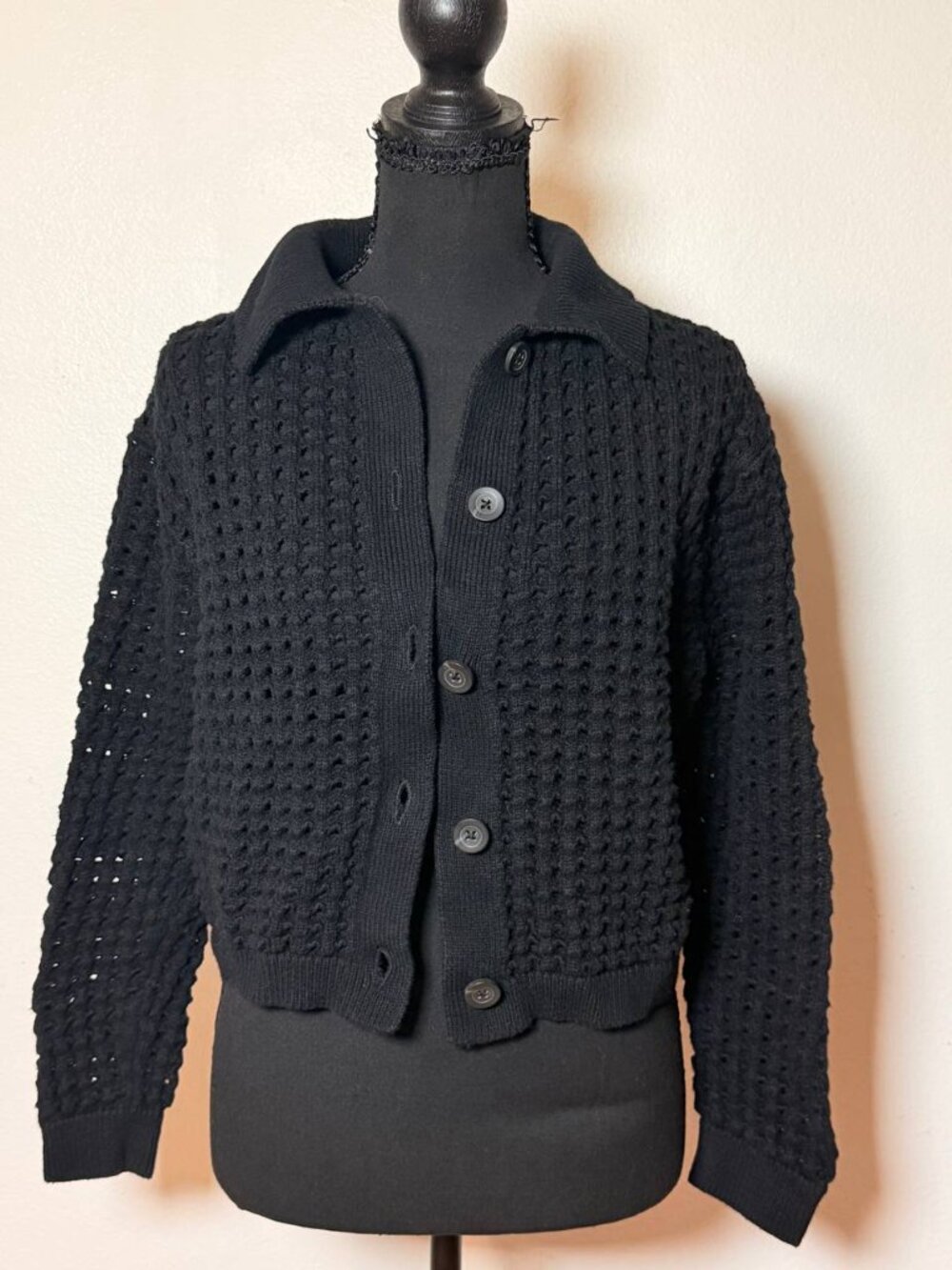 Velvet Graham & Spencer Cotton Cashmere Black Open Knit Cropped Cardigan - Picture 4 of 12